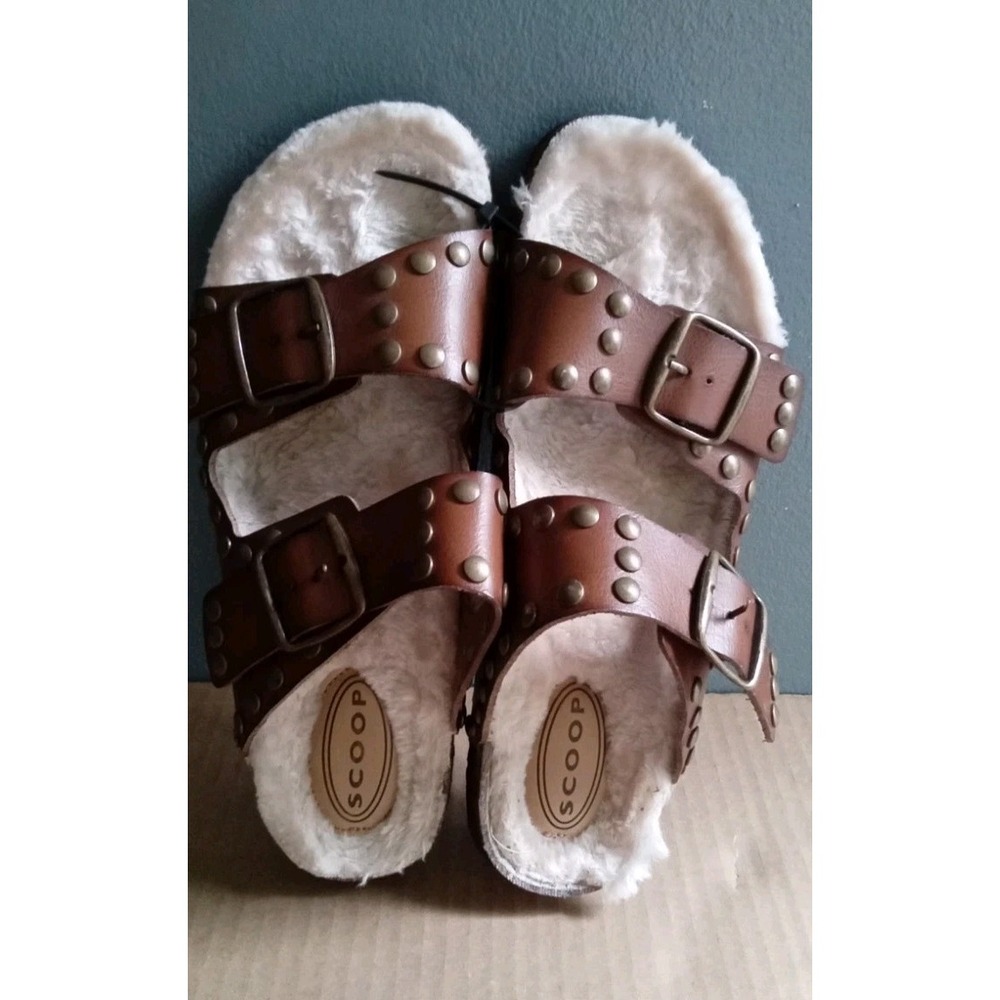 Scoop Sandals Brown Studded Faux Fur Lined Slides Buckle Detail